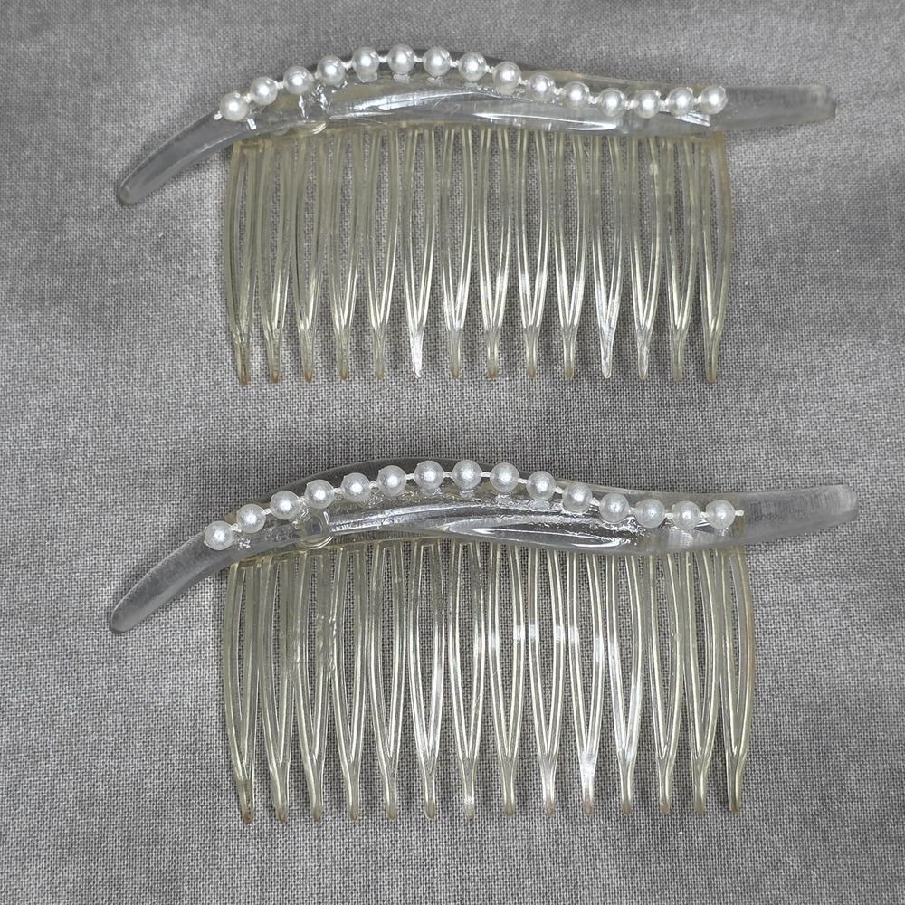 Hair Side Comb Set Clear Plastic w/ Faux Pearl Bead String - 2‎ Piece